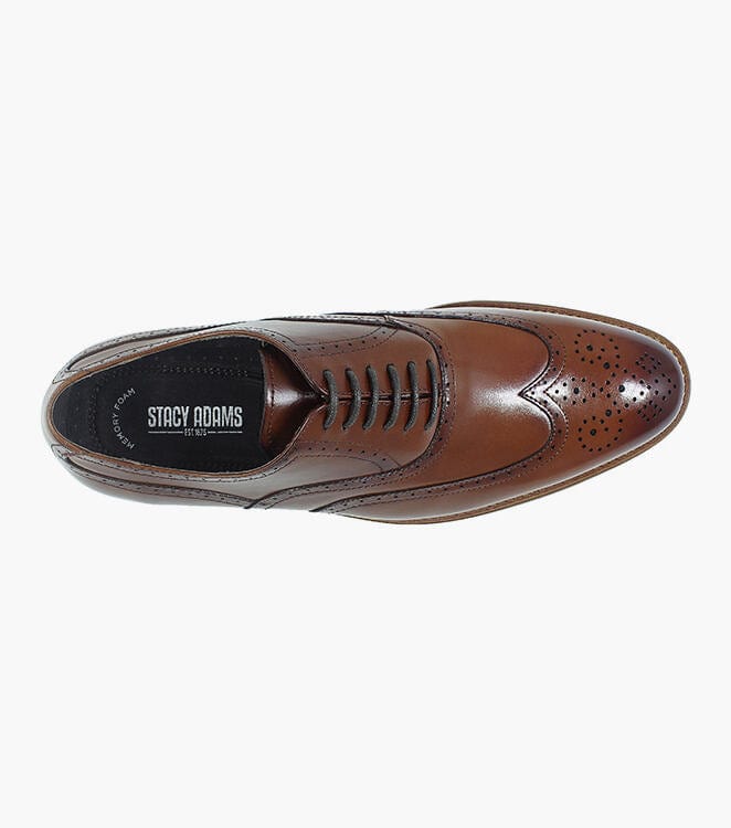 Stacy Adams Dunbar Wingtip Oxford dress shoe in brown leather with brogue detailing and lace-up design, top view