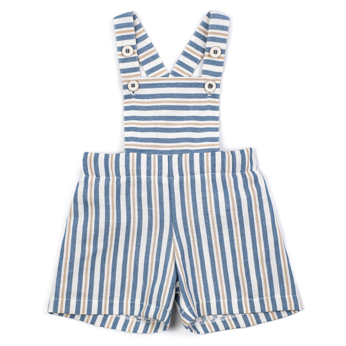 Blue and white striped children's overalls on a white background