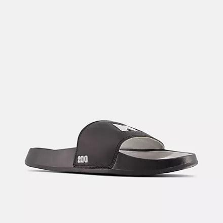 New Balance DynaSoft 200v2 VRSTY sandals in black with logo detail and cushioned footbed, side angle view.