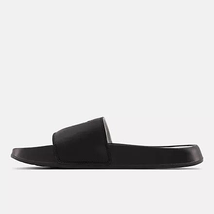 New Balance DynaSoft 200v2 VRSTY slides in black with cushioned footbed and wide strap, side view.