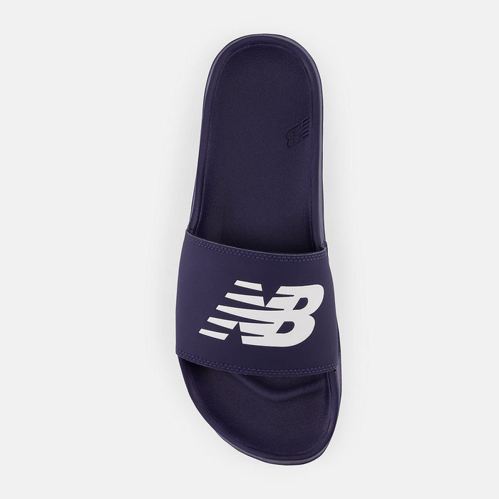 New Balance DynaSoft 200v2 slide sandal in navy blue featuring wide strap with white logo, top view.