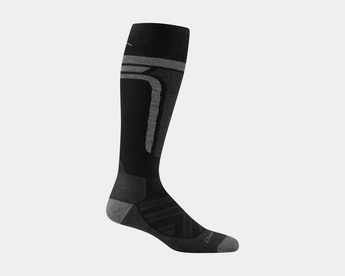 Darn Tough Edge Over-the-Calf Midweight Ski & Snowboard Socks in black and gray, moisture-wicking merino wool, side view.