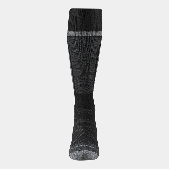Darn Tough Edge Over-the-Calf Midweight Ski & Snowboard Socks in black and gray with reinforced toe and calf padding, front view.