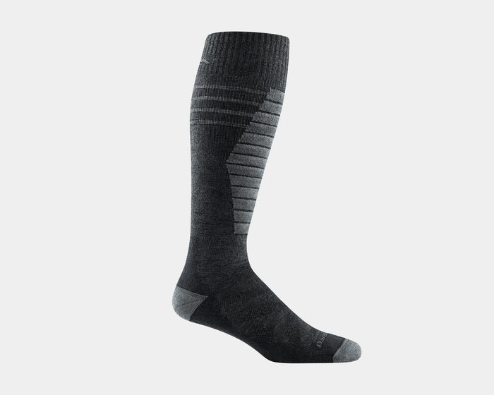 Darn Tough Edge Over-the-Calf Midweight Ski & Snowboard Socks in black and gray with textured knit design, side view.