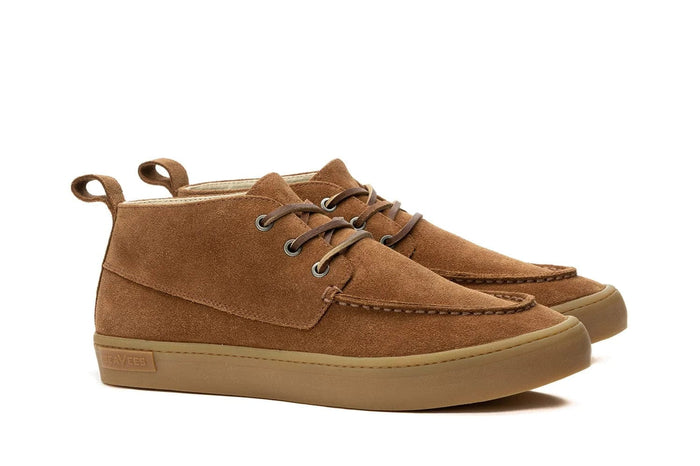 SeaVees El Cap Camp Moc shoes in brown suede with moc toe stitching, lace-up design, and durable rubber sole, side angle.