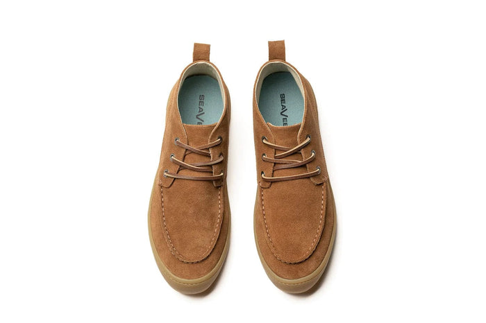SeaVees El Cap Camp Moc shoes in light brown suede with moccasin-style stitching and tan rubber soles, top view.