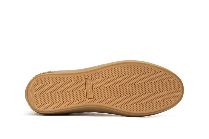SeaVees El Cap Camp Moc shoe bottom view showing tan rubber outsole with herringbone tread pattern for traction.
