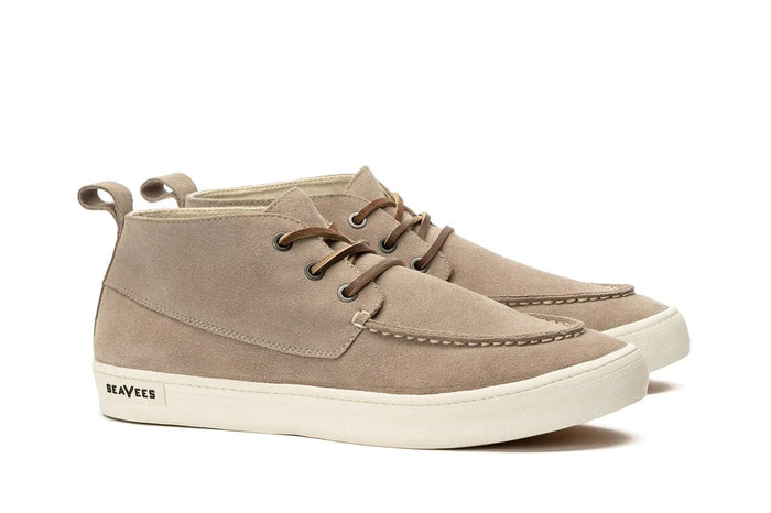 SeaVees El Cap Camp Moc shoes in beige suede with moccasin toe stitching, brown laces, and a white rubber sole, side angle view