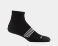 Darn Tough Element Quarter Lightweight Running Sock in black with white stripe accents and reinforced toe, side view.