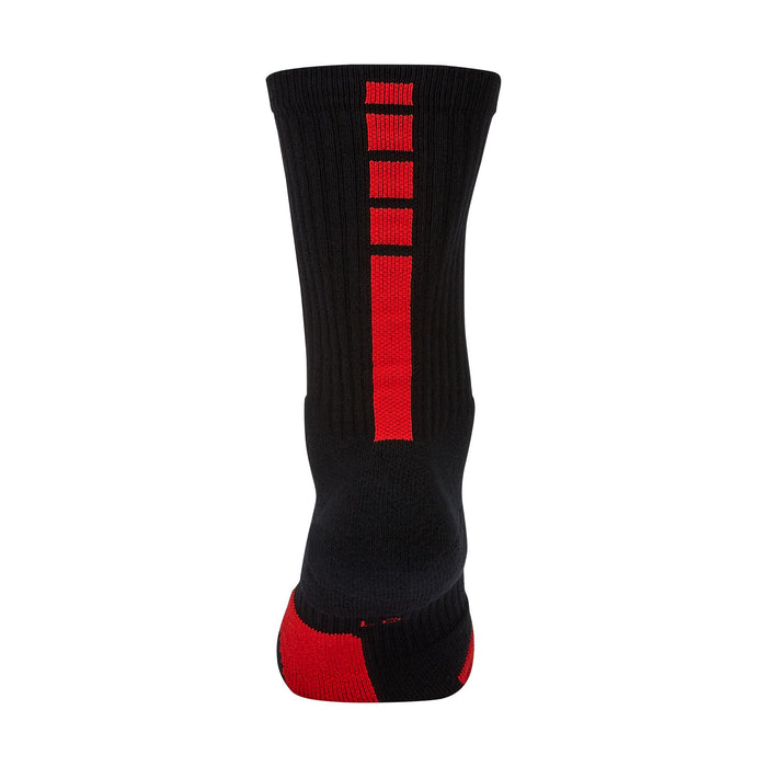 Nike Elite Crew socks in black with a bold red vertical stripe and ribbed texture, back view showing heel and arch support.