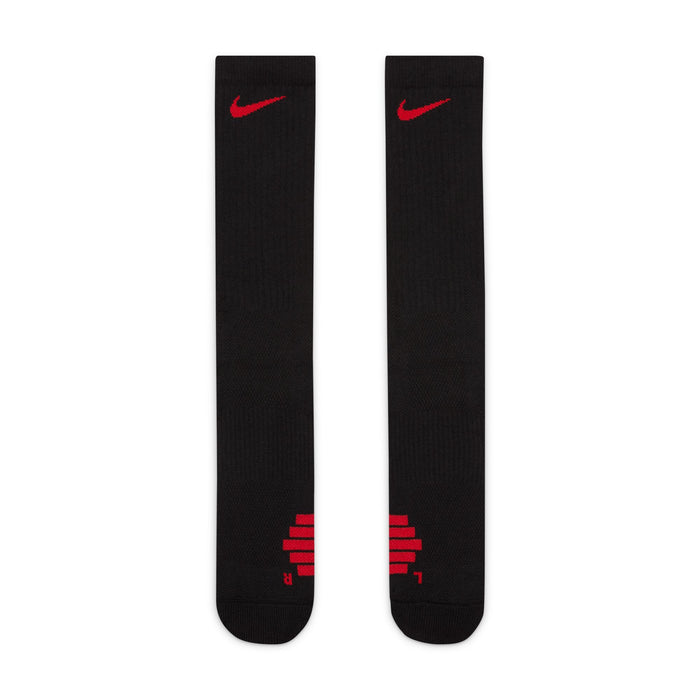 Nike Elite Crew socks in black with red Swoosh logo and marked "R" and "L" for left and right fit, top view.