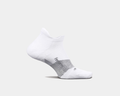 Feetures Elite Golf Max Cushion No Show Tab socks, white with gray accents, side view showing arch support and ribbed cuff.