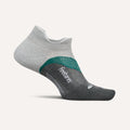 Feetures Elite Light Cushion No Show Tab socks in gray and green with seamless toe and targeted compression, side view.