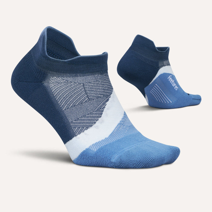 Feetures Elite Light Cushion No Show Tab socks in blue and white, lightweight with targeted compression, side view.