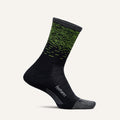 Feetures Elite Light Cushion Reflective Mini Crew socks, black with gray toe and heel, neon green reflective accents, side view.