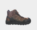Hoss Eric Hi Safety Toe work boots in brown with black outsole, protective toe cap, and durable leather and mesh upper, side view.