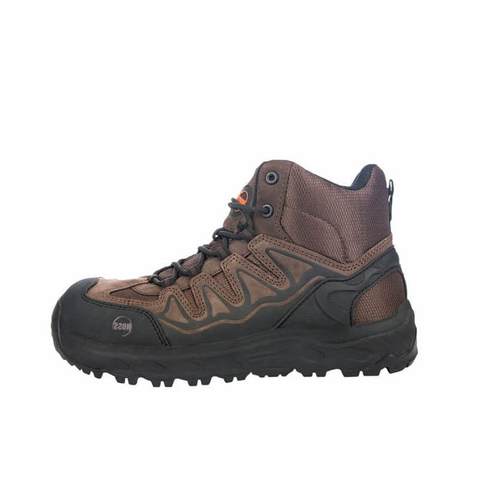 Hoss Eric Hi Safety Toe work boots in brown and black with rugged sole, reinforced toe, and durable upper, side view.