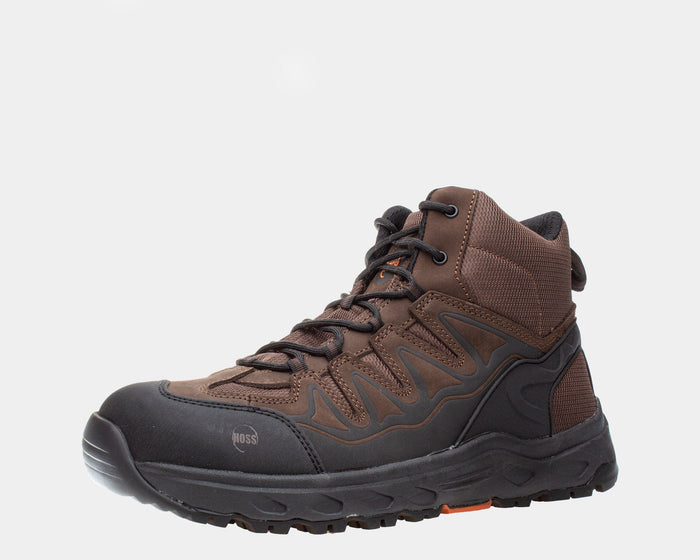 Hoss Eric Hi Soft Toe work boots in brown and black with durable leather and mesh upper, side view showing rugged outsole.