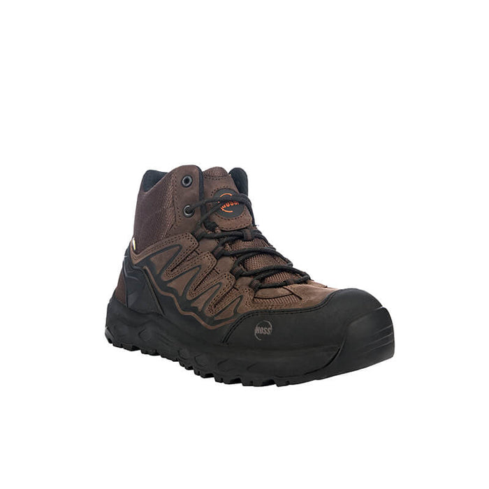 Hoss Eric Hi Soft Toe work boots in brown with durable leather upper, black reinforced toe, and rugged outsole, front angle view.