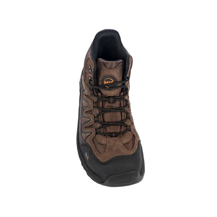 Hoss Eric Hi Soft Toe work boots in brown leather with black accents, lace-up design, and padded collar, front view.
