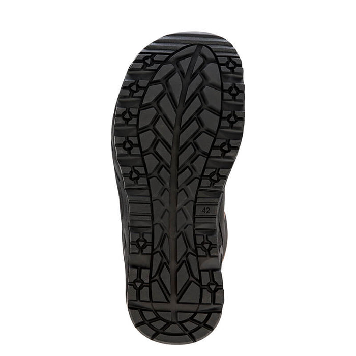 Hoss Eric Hi Soft Toe work boots outsole showing slip-resistant tread pattern in black rubber.