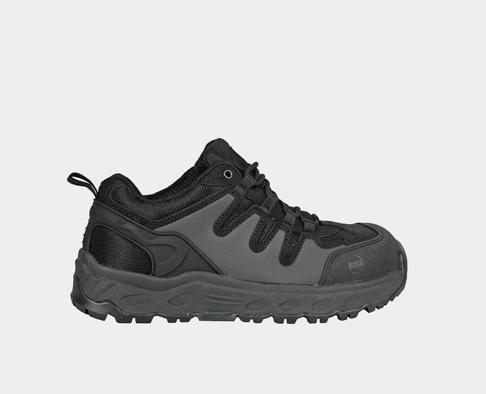 Hoss Eric Lo Aluminum Safety Toe work shoes in black with durable mesh and leather upper, side view.