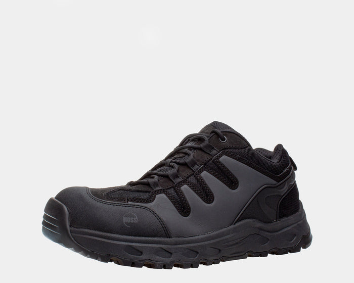 Hoss Eric Lo Aluminum Safety Toe work shoes in black with durable leather upper, mesh panels, and rugged outsole, side view.