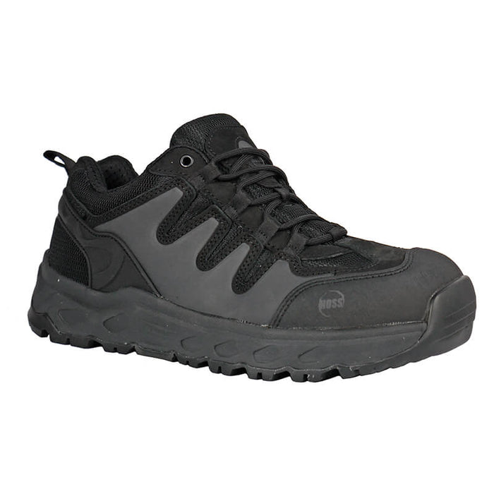 Hoss Eric Lo Aluminum Safety Toe work shoes in black with durable leather upper, safety toe, and slip-resistant outsole, side angle view.