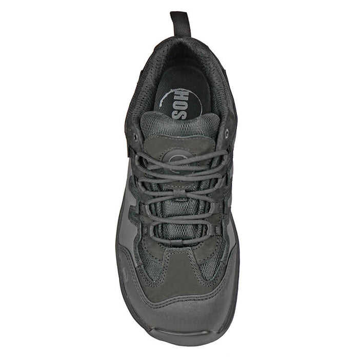 Hoss Eric Lo Aluminum Safety Toe work shoes in dark gray with durable leather and mesh upper, lace-up closure, top view.