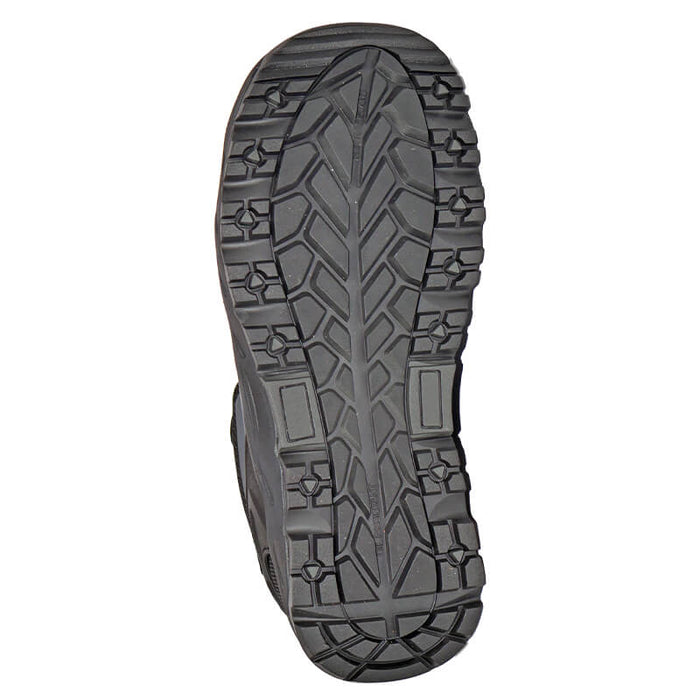 Hoss Eric Lo Aluminum Safety Toe work boot outsole in black rubber with slip-resistant tread pattern, bottom view.