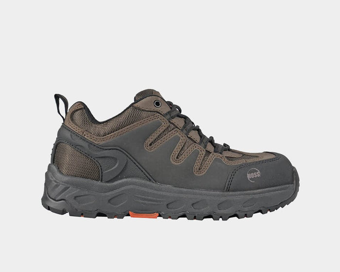 Hoss Eric Lo Aluminum Safety Toe work shoes in brown and black with durable leather upper, safety toe, and rugged outsole, side view.