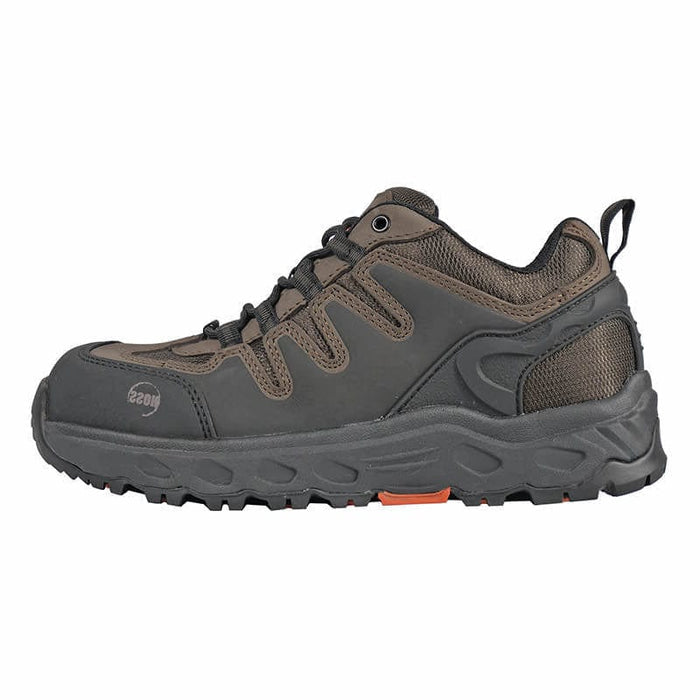 Hoss Eric Lo Aluminum Safety Toe shoes in dark brown and black with durable upper and rugged outsole, side view.