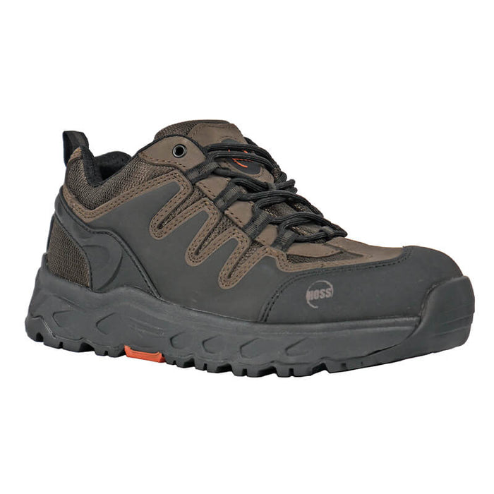 Hoss Eric Lo Aluminum Safety Toe work shoes in brown and black with durable leather upper and rugged outsole, angled front view.