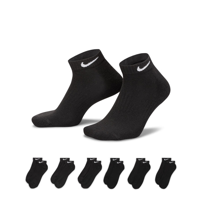 Nike Everyday Cushion Low Socks in black with white embroidered logo, featuring padded soles and ribbed cuffs, front and angled view.