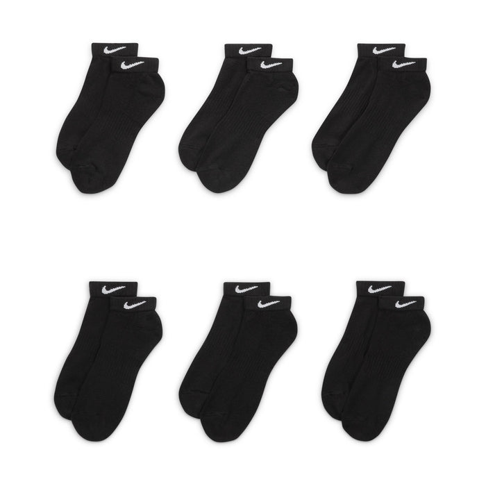 Nike Everyday Cushion Low Socks in black with white embroidered logo, ribbed cuffs, and soft cushioned design, multi-pair front view.