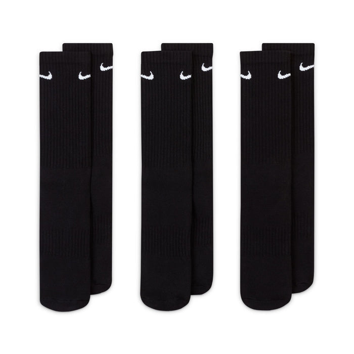 Nike Everyday Cushioned Crew Socks in black with white swoosh logo, ribbed cuffs, and cushioned soles, front view.