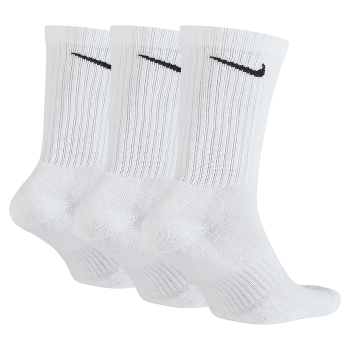 Nike Everyday Cushioned Crew Socks in white with ribbed texture and black swoosh logo, side view showing three pairs.