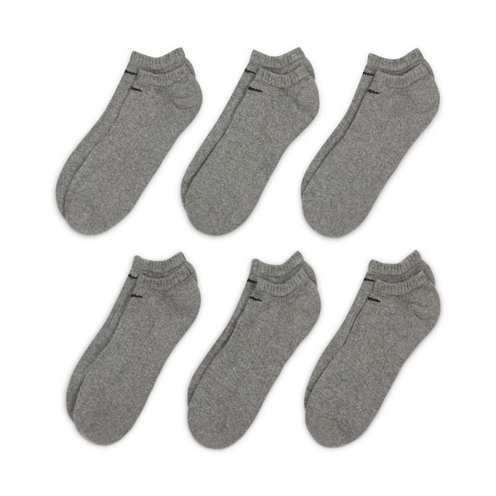Nike Everyday Cushioned Training No-Show Socks in gray with soft fabric and ribbed cuffs, front view in a pack of six.