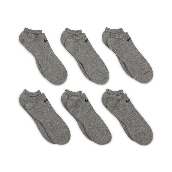 Nike Everyday Cushioned Training No-Show Socks in gray, featuring soft fabric and reinforced cushioning, multi-pair display.