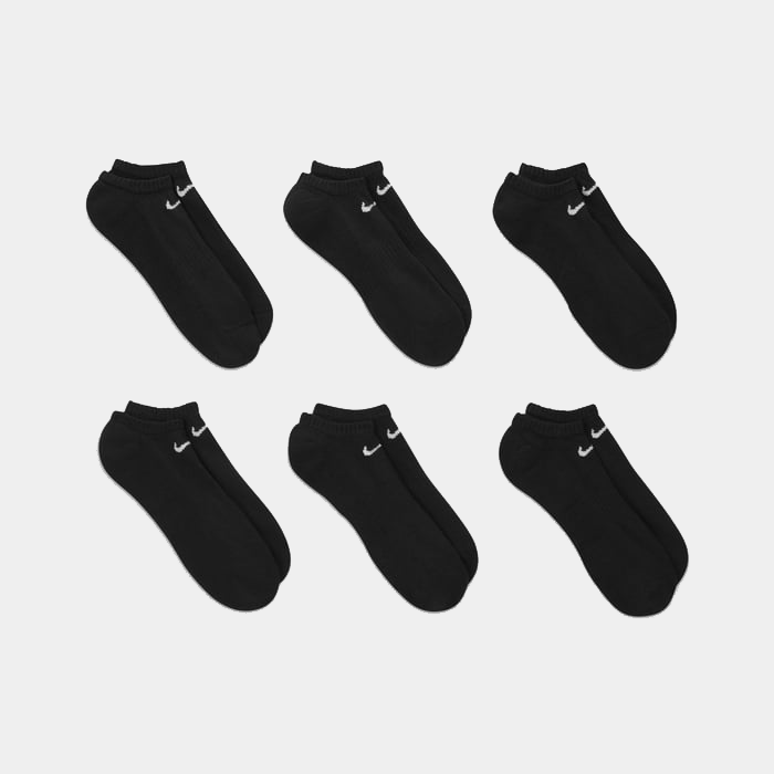 Nike Everyday Cushioned Training No-Show Socks in black with white Swoosh logo, pack of six pairs, front view.