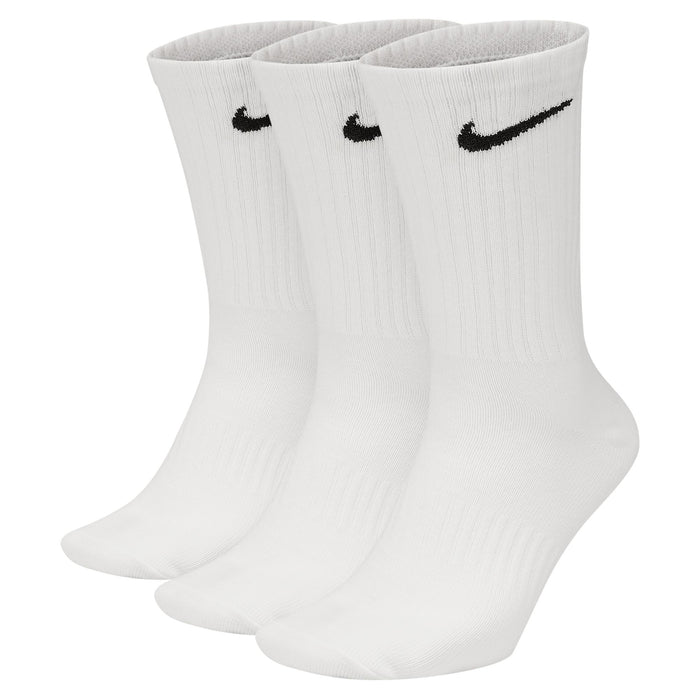 Nike Everyday Lightweight Crew Socks in white featuring ribbed design and black embroidered logo, front view stack of three pairs.