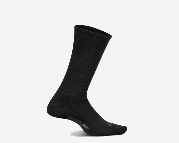 Feetures Everyday Max Cushion Crew socks in black with ribbed design and reinforced toe and heel, side view.