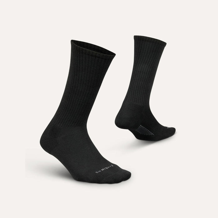 Feetures Everyday Max Cushion Crew socks in solid black with ribbed design and reinforced cushioning, angled side view.
