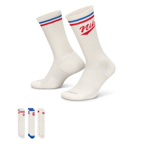 Nike Everyday Plus Crew Socks in white with red and blue stripe accents and Nike logo, side view and additional pack display.