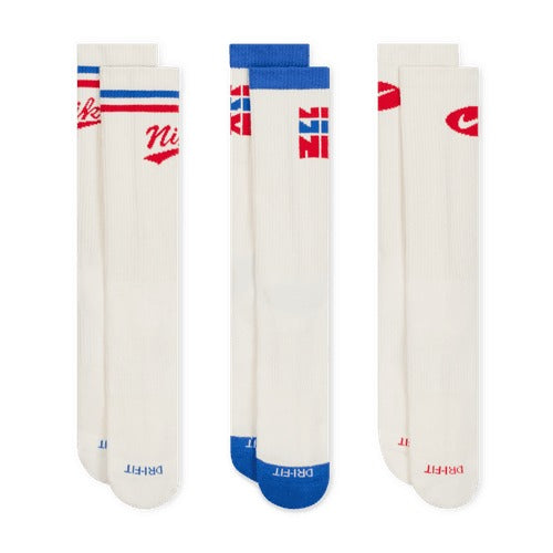 Nike Everyday Plus Crew Socks in white with red and blue accents, Dri-FIT material, front view showing designs.