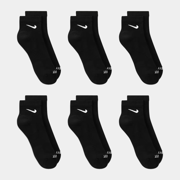 Nike Everyday Plus Cushioned Ankle Socks in black with white Nike logo and reinforced toe, displayed in a six-pair set.