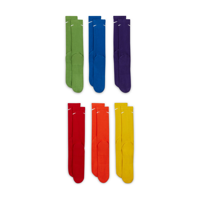 Nike Everyday Plus Cushioned Training Crew Socks in green, blue, purple, red, orange, and yellow with ribbed cuffs and reinforced heel and toe.