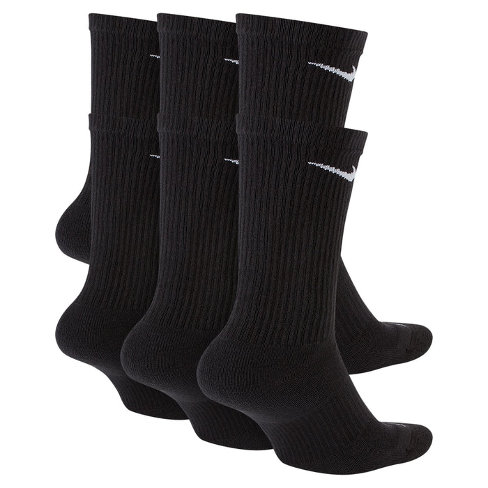 Nike Everyday Plus Cushioned Training Crew Socks in black with ribbed design and white Nike Swoosh logo, side angle view.