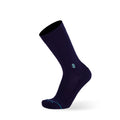 Tall Order Extra Cushioned Dress Socks in dark navy with ribbed cuff, reinforced toe, and light blue logo accents, side view.
