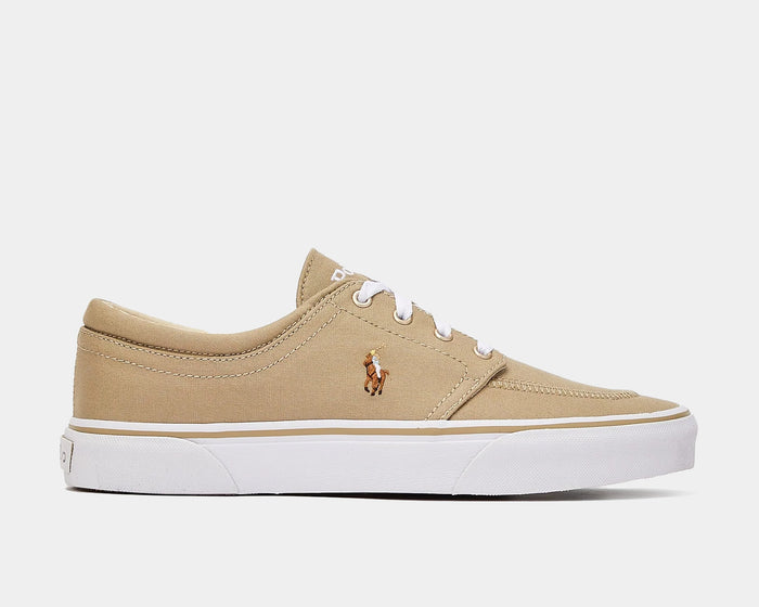 Polo Ralph Lauren Faxon X Canvas casual shoes in beige canvas with embroidered logo and white rubber outsole, side view.